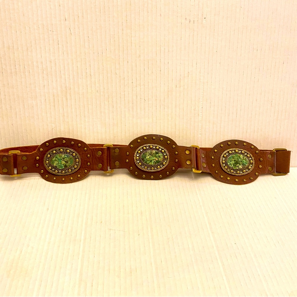 Leather Rock Jeweled Boho Brown Leather Belt with Green Stone and Studs Accents.